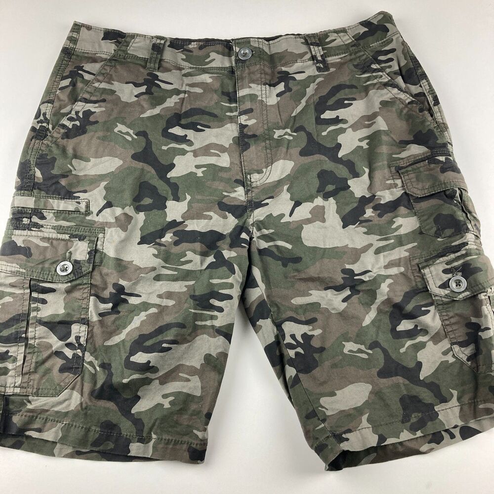Iron Flex Cargo Shorts Men’s 36 Green Camo Stretch Multi Pocket Outdoor